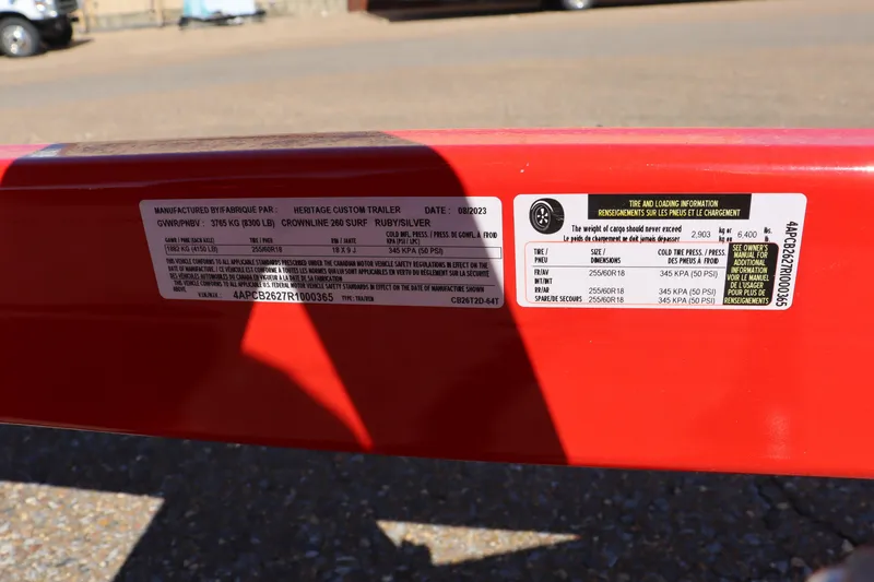 Slide: The Image of Label on a 2024 Crownline 260SS SURF boat trailer. - 27