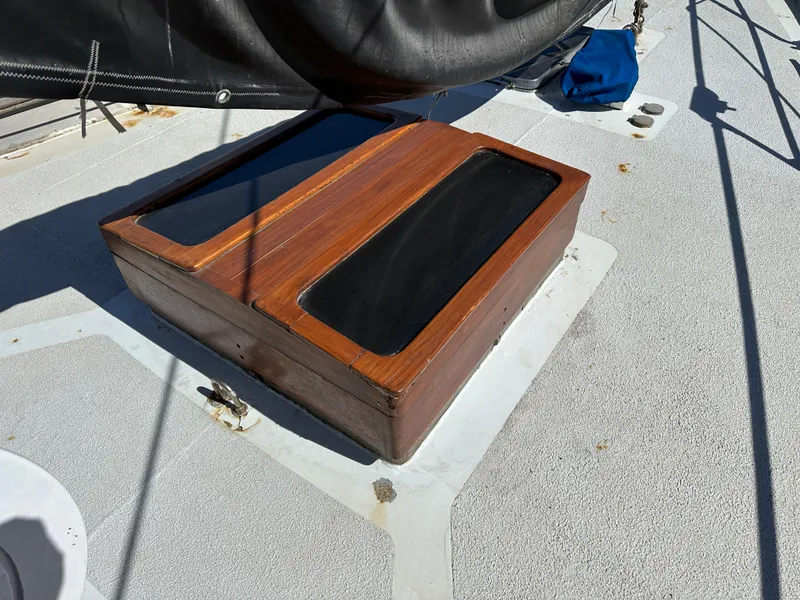 Slide: The Image of Wooden hatch on 2000 Bruce Roberts Ketch sailboat deck. - 12