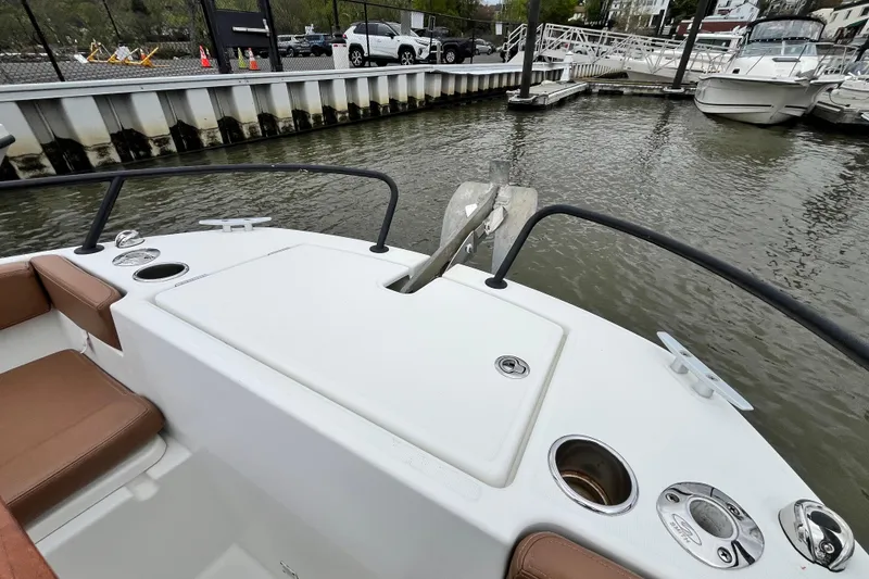 Slide: The Image of 2020 Beneteau Flyer 8 SPACEdeck at marina, featuring bow seating and anchor. - 13