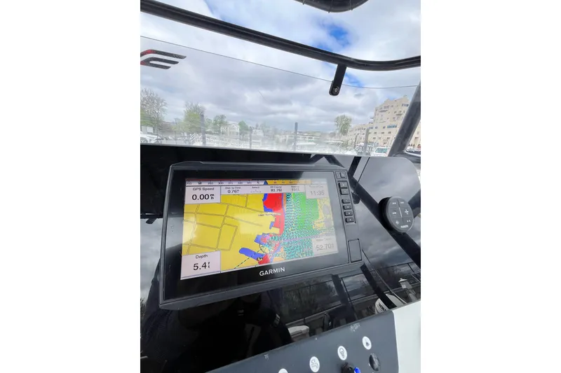 Slide: The Image of Garmin navigation display on 2020 Beneteau Flyer 8 SPACEdeck boat, showing map and depth. - 21