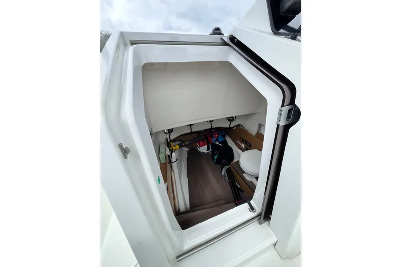 Slide: The Image of Interior cabin view of 2020 Beneteau Flyer 8 SPACEdeck, featuring storage and seating area. - 28