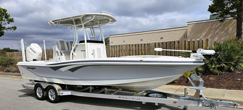 Slide: The Image of 2024 Ranger 2600 Bay boat on a trailer, parked outdoors. - 1