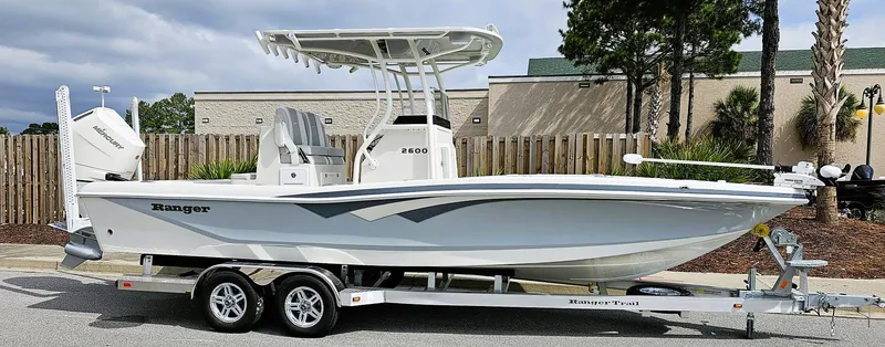 Slide: The Image of 2024 Ranger 2600 Bay boat on a trailer, side view. - 2
