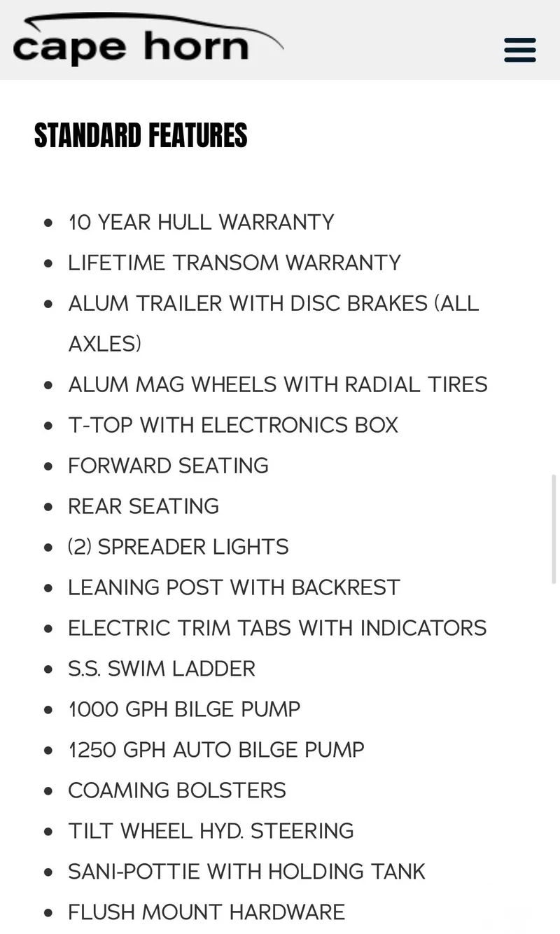 Slide: The Image of Cape Horn Yachts 32 XS 2025 standard features list, including warranty and equipment details. - 22