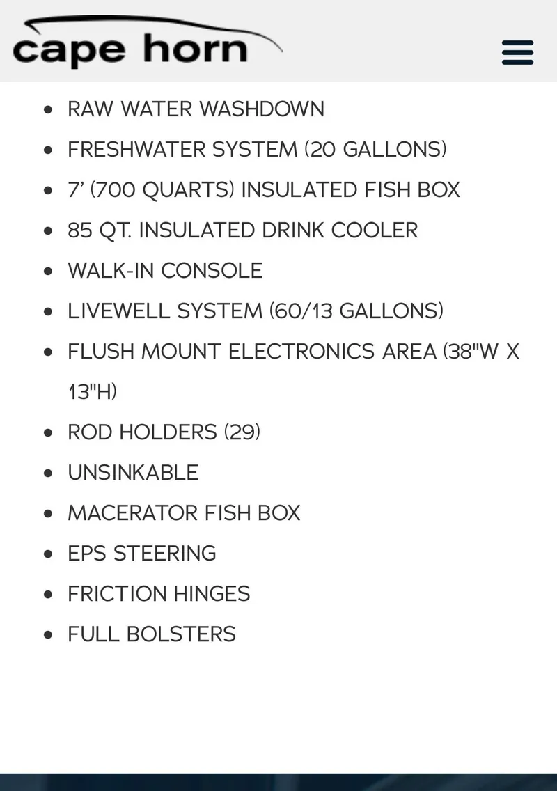 Slide: The Image of Cape Horn Yachts 32 XS 2025 features list, including washdown, livewell, and rod holders. - 23