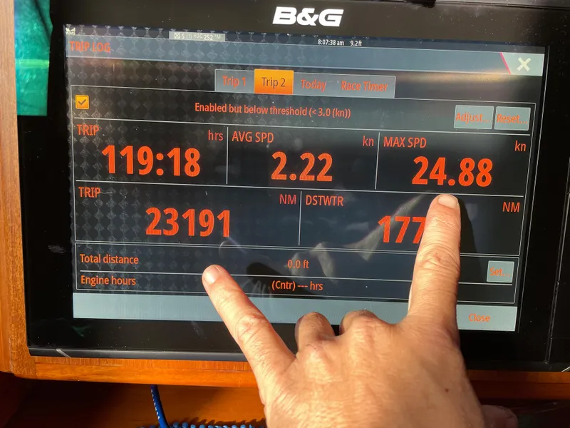 Slide: The Image of B&G navigation display showing trip data on Jeanneau 52.2, 2000 model. - 6