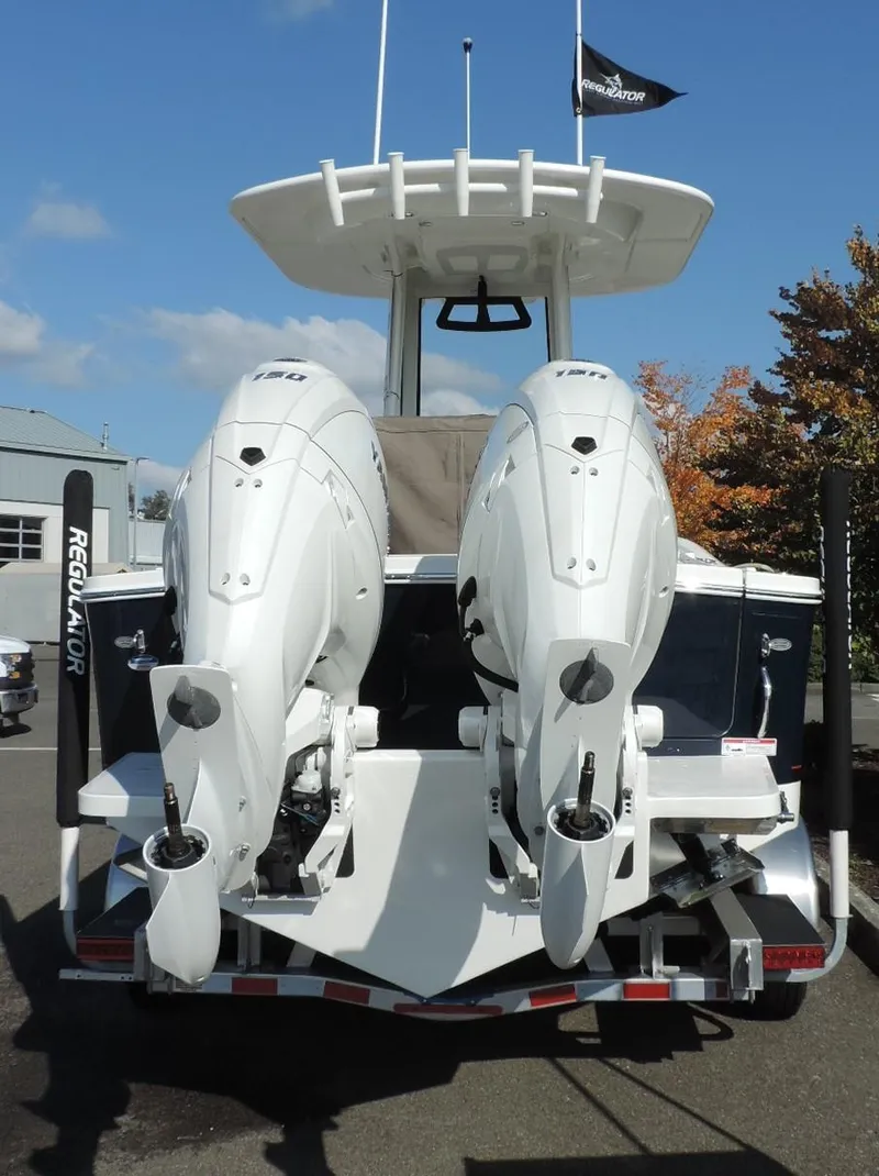 Slide: The Image of 2024 Regulator 23 Center Console boat with dual outboard engines, rear view. - 5