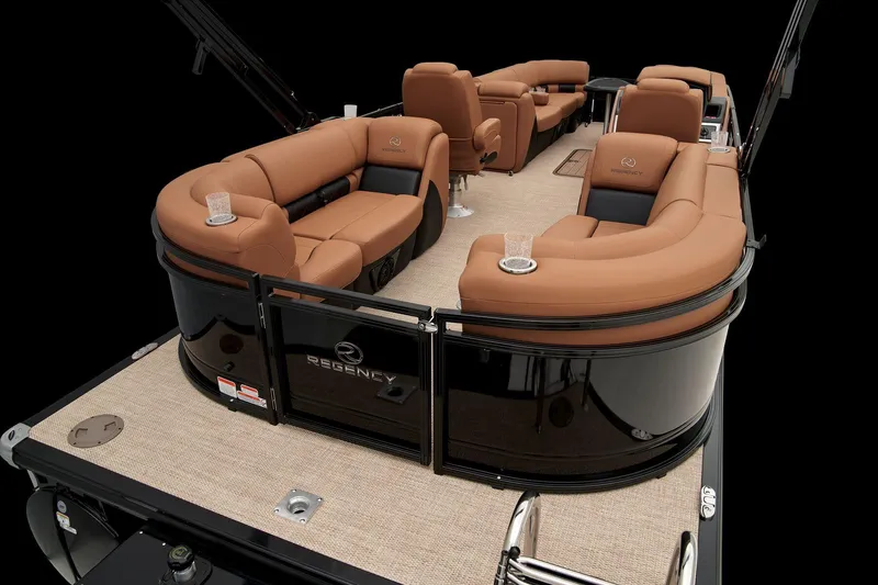 Slide: The Image of 2024 Regency 250 LE3 luxury pontoon boat with plush seating and modern design. - 18