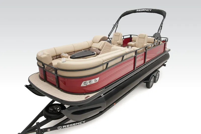 Slide: The Image of 2024 Regency 250 DL3 pontoon boat with beige seating and red exterior. - 9