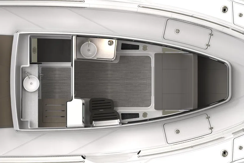 Slide: The Image of 2025 Blackfin 400 CC boat interior layout, featuring seating and storage areas. - 23