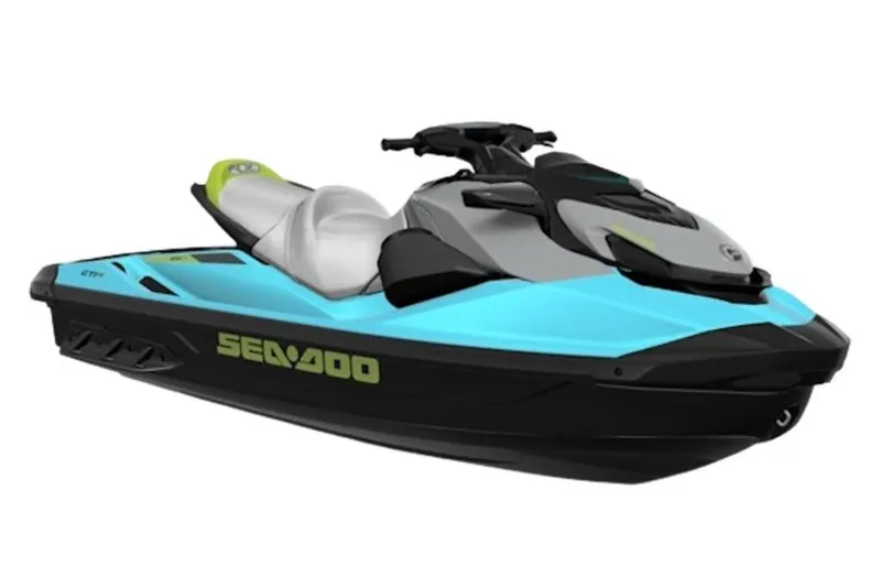 Slide: The Image of 2025 Sea-Doo GTI SE 130 jet ski, blue and black design, side view. - 26