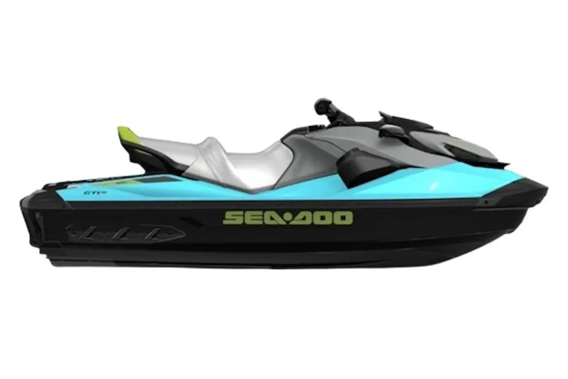 Slide: The Image of 2025 Sea-Doo GTI SE 130 jet ski, sleek design, vibrant blue and black color scheme. - 27