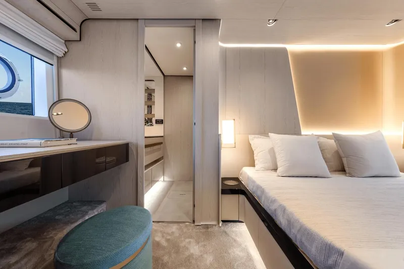 Slide: The Image of Luxurious bedroom interior of 2024 Azimut Fly 78 yacht with modern decor. - 27