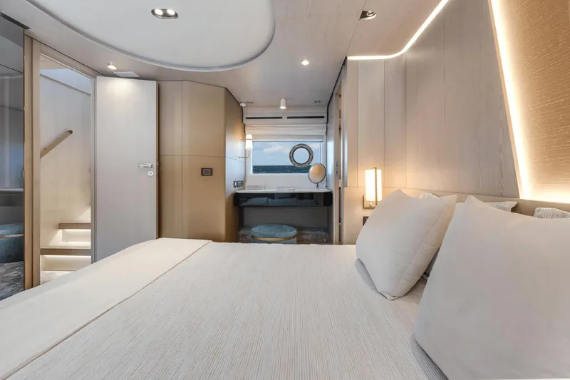 Slide: The Image of Luxurious bedroom interior of 2024 Azimut Fly 78 yacht with modern design and ocean view. - 28