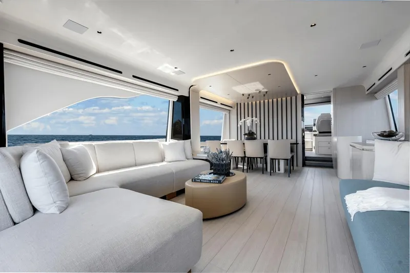 Slide: The Image of Luxurious interior of 2024 Azimut Fly 78 yacht with modern furnishings and ocean view. - 35