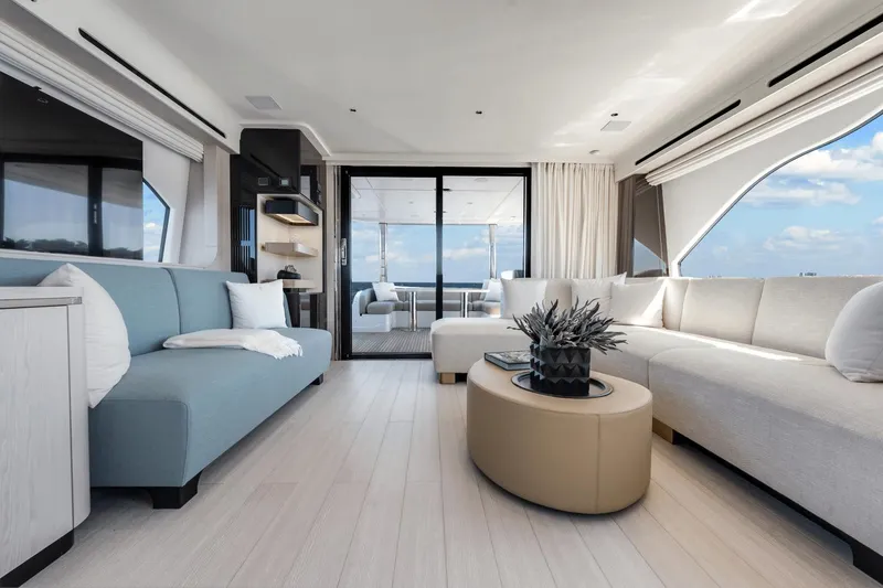 Slide: The Image of Luxurious interior of 2024 Azimut Fly 78 yacht with modern seating and panoramic views. - 37