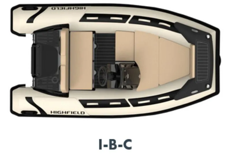 Slide: The Image of 2026 Highfield Sport 330 inflatable boat, top view, beige seating, black accents. - 11