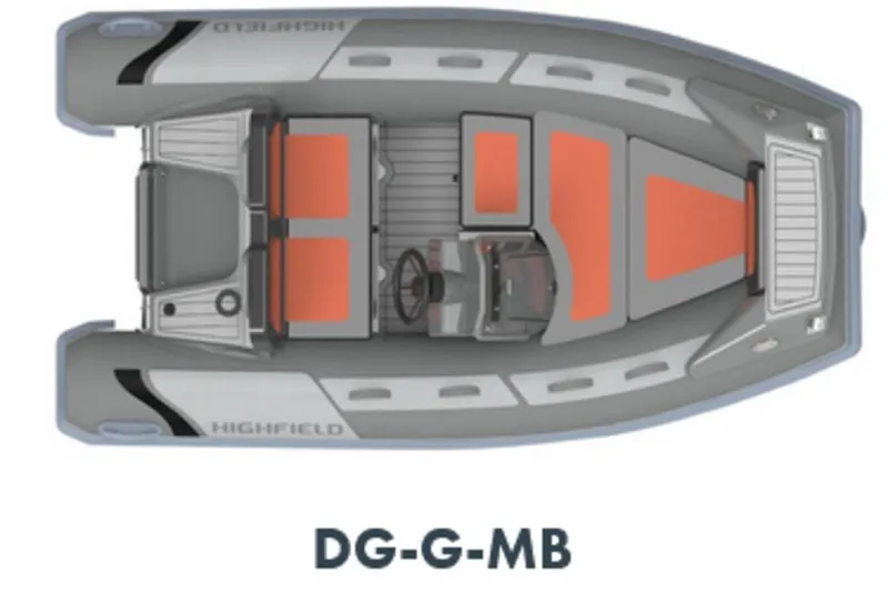 Slide: The Image of Top view of 2026 Highfield Sport 330 boat with orange seating and gray hull. - 12