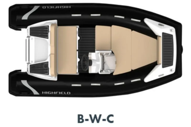 Slide: The Image of 2026 Highfield Sport 330 boat, top view, featuring beige seating and black exterior. - 13