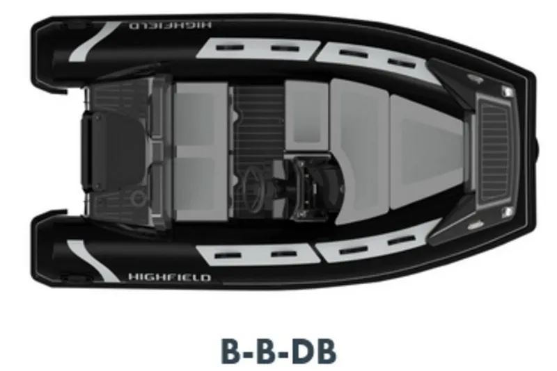 Slide: The Image of Top view of 2026 Highfield Sport 330 boat, black and gray design. - 15
