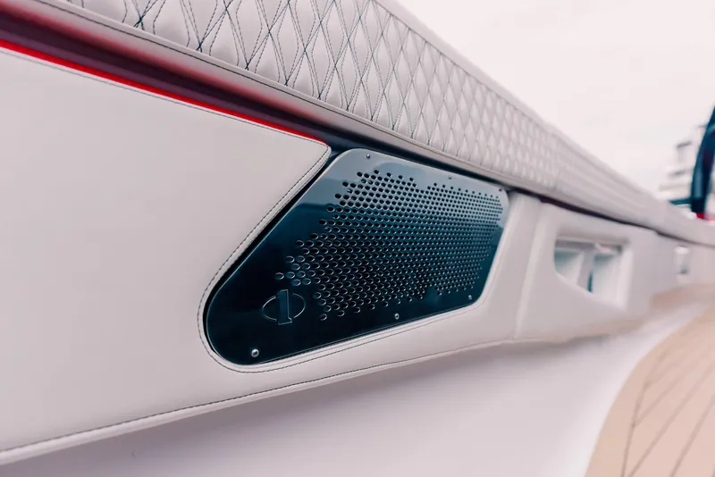Slide: The Image of Close-up of 2025 Cigarette 52 Thunder boat interior with speaker and quilted upholstery. - 8