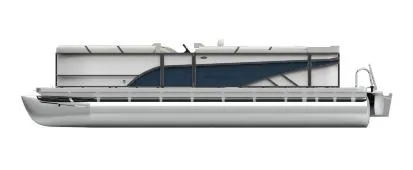 Slide: The Image of 2024 Crest Classic LX 220 pontoon boat, side view, sleek design, modern features. - 21