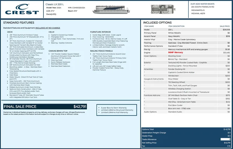 Slide: The Image of Crest Classic LX 220L 2024 boat features and pricing details. - 23