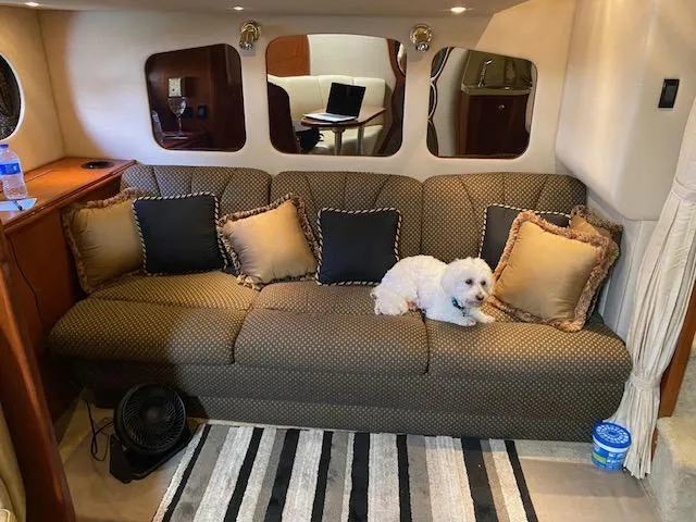Slide: The Image of 2003 Cruisers Yachts 3772 Express interior with dog on sofa, decorative pillows, and striped rug. - 12