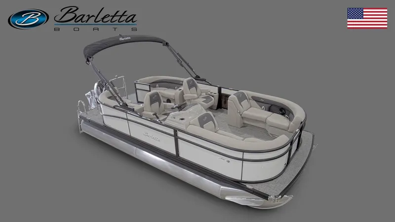 Slide: The Image of 2024 Barletta ARIA 20QC pontoon boat with beige seating and black canopy. - 2