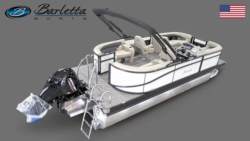 Slide: The Image of 2024 Barletta ARIA 20QC pontoon boat with outboard motor and American flag. - 3
