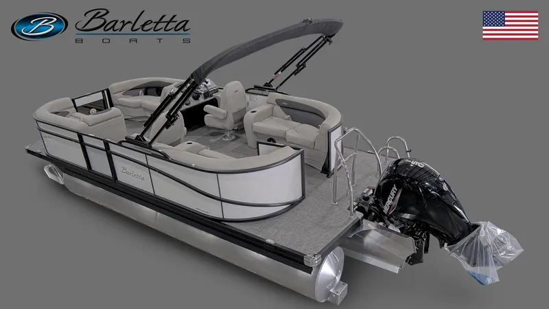 Slide: The Image of 2024 Barletta ARIA 20QC pontoon boat with outboard motor and seating, American flag. - 4