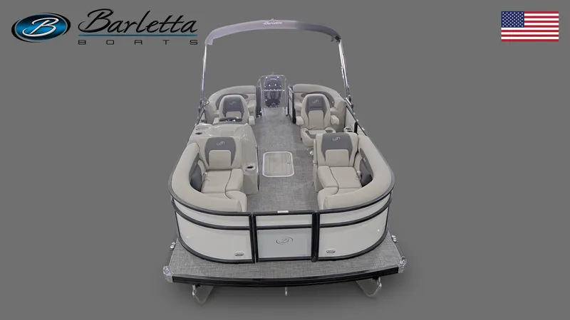 Slide: The Image of 2024 Barletta ARIA 20QC pontoon boat, top view, gray interior, Barletta logo, American flag. - 6