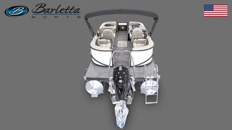 Slide: The Image of 2024 Barletta ARIA 20QC pontoon boat, rear view with motor, logo, and American flag. - 7