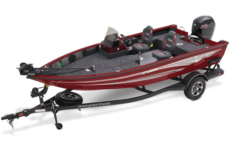 Slide: The Image of 2024 Ranger VS1682SC Angler fishing boat in red with trailer. - 0