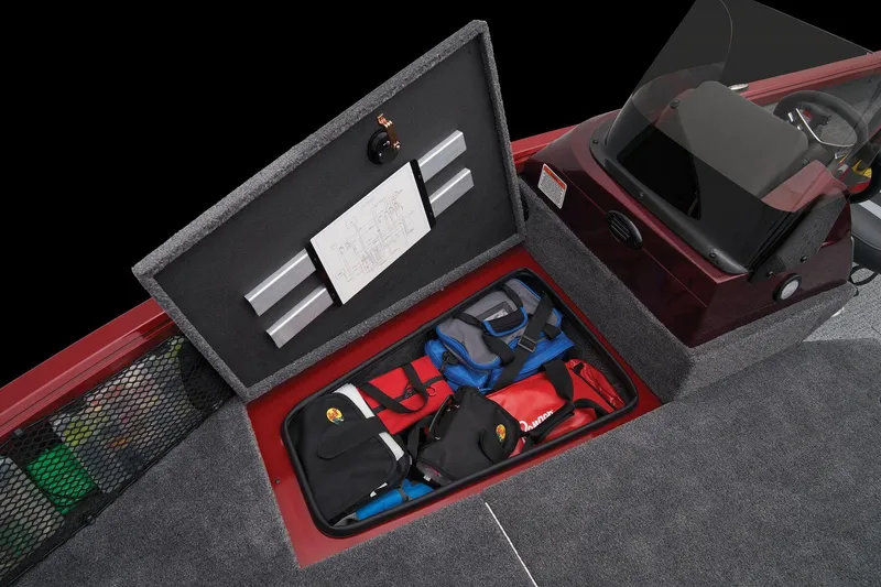 Slide: The Image of 2024 Ranger VS1682SC Angler boat storage compartment with gear and equipment. - 14