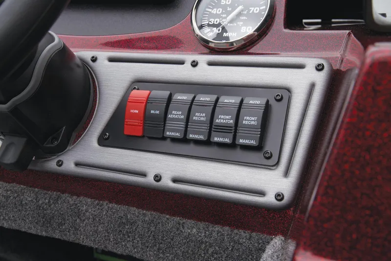 Slide: The Image of Control panel of 2024 Ranger VS1682SC Angler boat with switches and speedometer. - 36