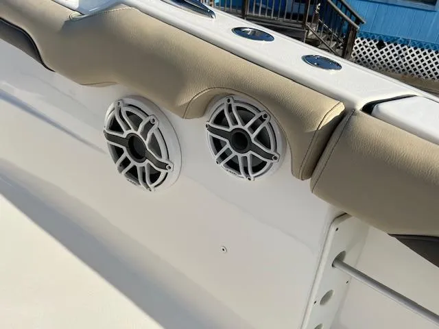 Slide: The Image of Speakers on the 2020 Tidewater 320 CC Adventure boat. - 16