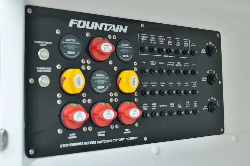 Slide: The Image of Control panel of a 2024 Fountain 32 NX boat with switches and indicators. - 34