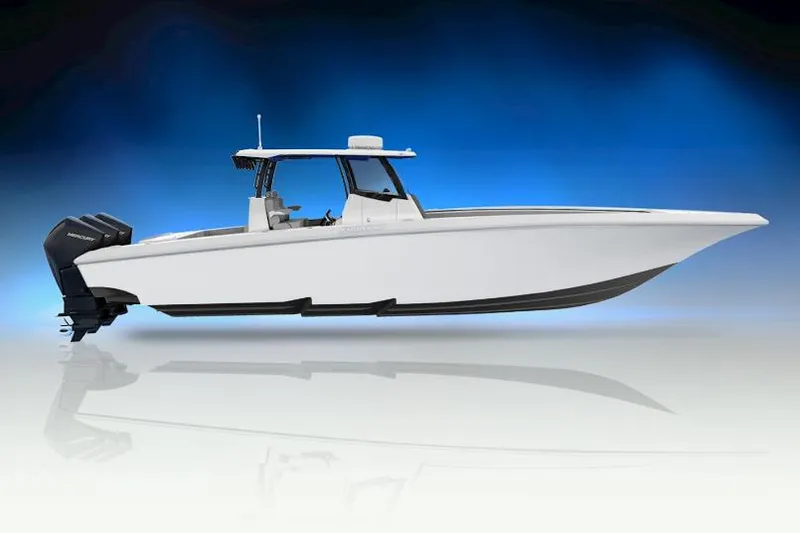 Slide: The Image of 2024 Fountain Bluewater 38 Tournament Edition boat on blue gradient background. - 20