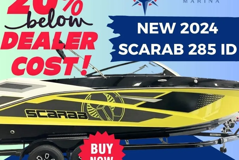 The Image of New 2024 Scarab 285 ID boat, 20% below dealer cost, vibrant yellow design. - 0