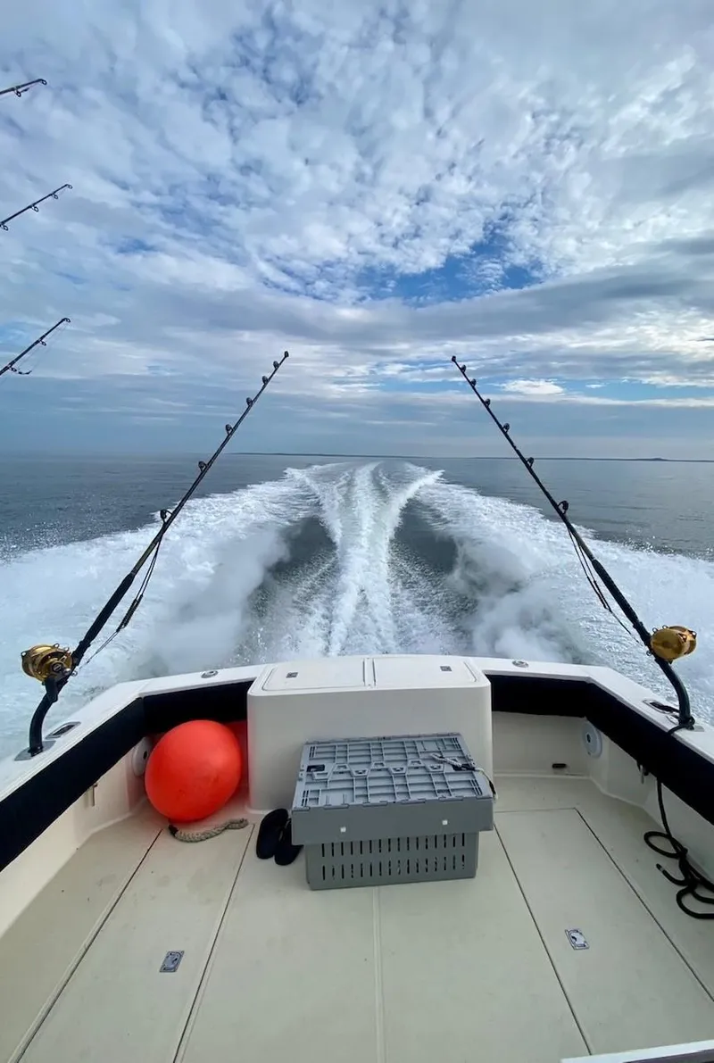Slide: The Image of 2003 Carolina Classic 28 boat cruising with fishing rods, ocean view, and wake trail. - 10