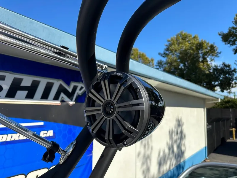 Slide: The Image of Close-up of a 2024 Sanger V215 SX boat speaker system. - 21