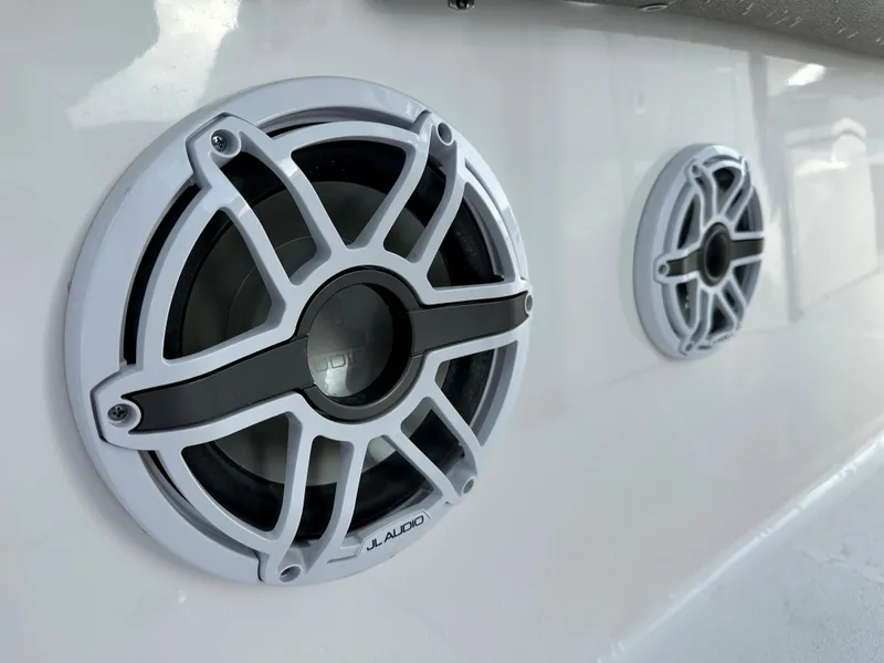 Slide: The Image of Close-up of JL Audio speakers on a 2024 Sea Fox 288 Commander boat. - 21