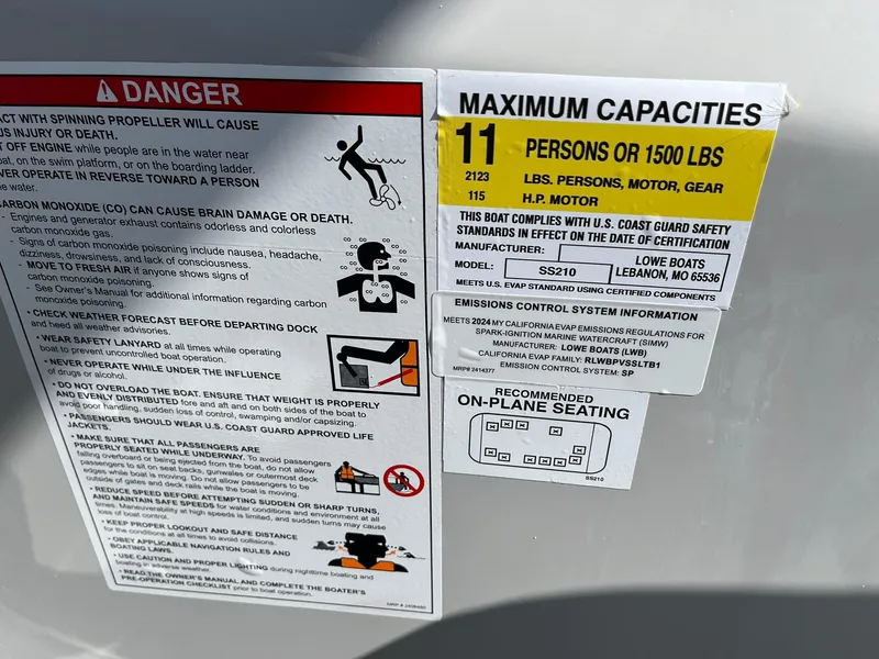 Slide: The Image of 2024 Lowe SS 210 boat capacity and safety warning labels - 22