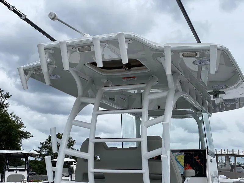 Slide: The Image of 2024 Cape Horn 36 XS boat with T-top and ladder. - 6