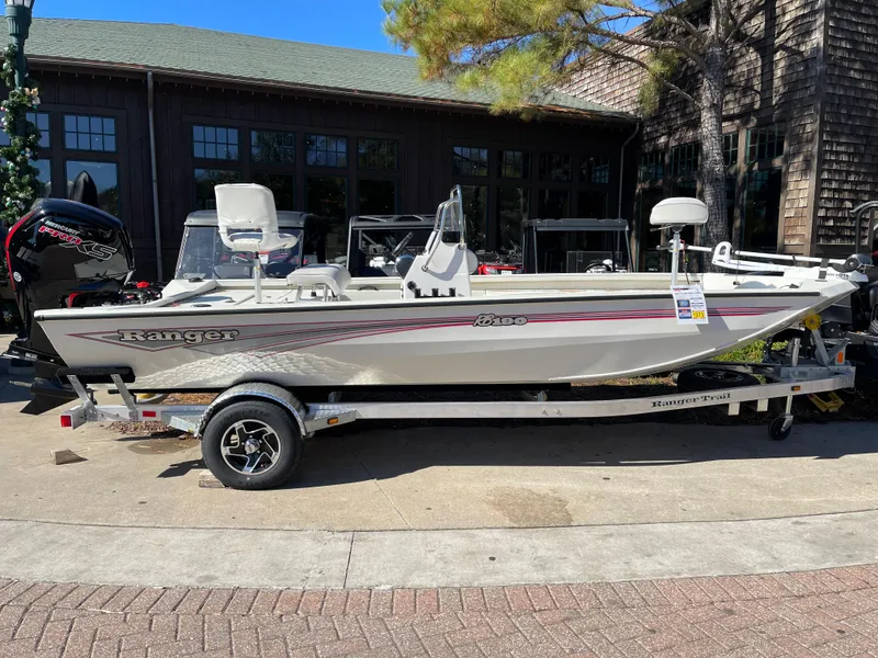 Slide: The Image of 2024 Ranger RB190 boat on a trailer, displayed outdoors. - 0