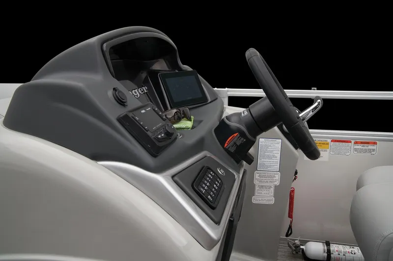 Slide: The Image of 2024 Ranger Reata 243C pontoon boat with spacious seating and modern design. - 34