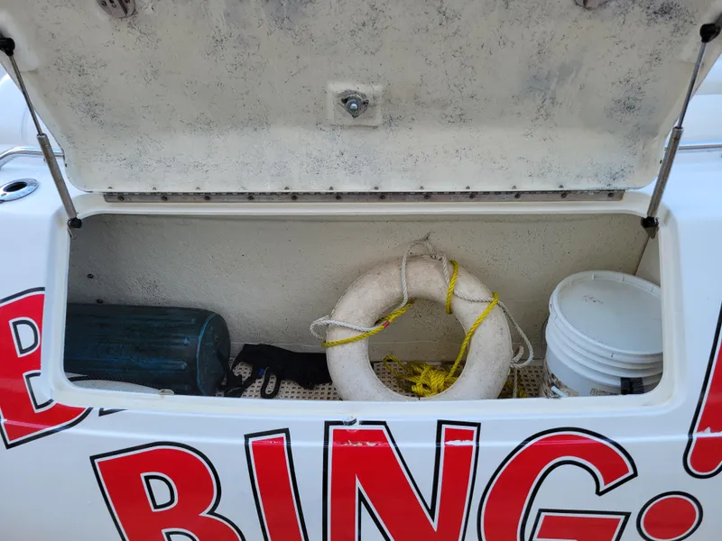 Slide: The Image of Storage compartment on a 2000 Sea Ray 540 Sundancer with life ring and bucket. - 19