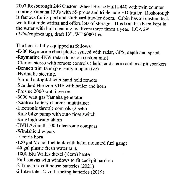 Slide: The Image of 2007 Rosborough 246 Custom Wheel House with Yamaha engines, radar, GPS, and extensive equipment list. - 25