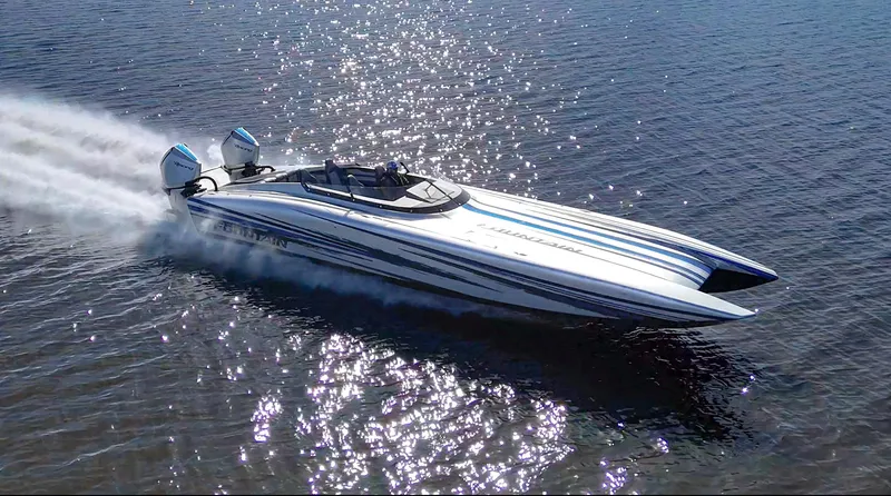 The Image of 2025 Fountain 34 Thunder Cat speedboat cruising on water. - 0